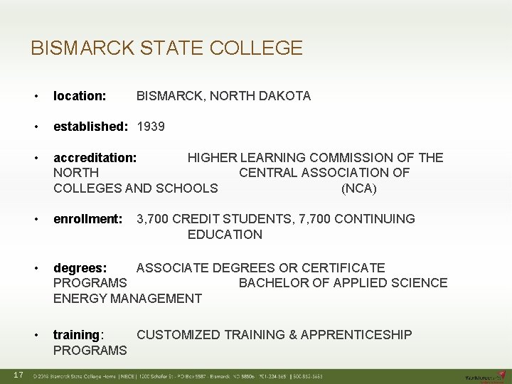BISMARCK STATE COLLEGE 17 • location: • established: 1939 • accreditation: HIGHER LEARNING COMMISSION
