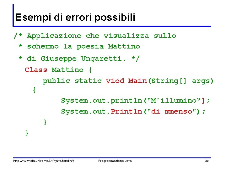 Esempi di errori possibili /* Applicazione che visualizza sullo * schermo la poesia Mattino