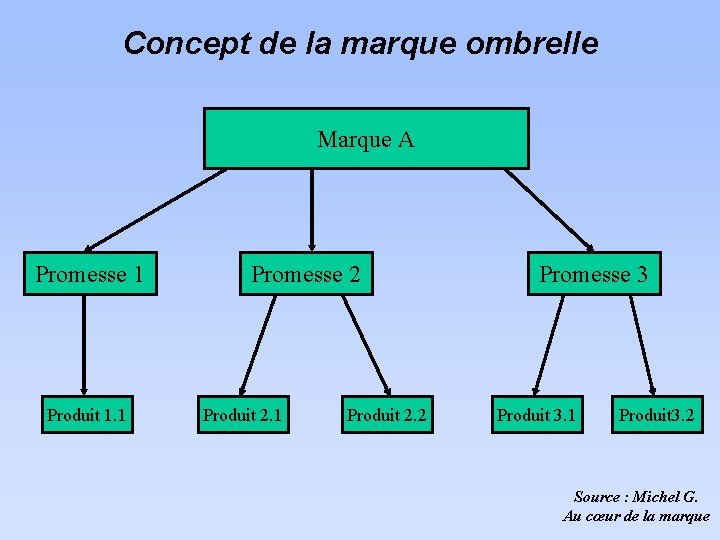 Concept de la marque ombrelle Marque A Promesse 1 Produit 1. 1 Promesse 2