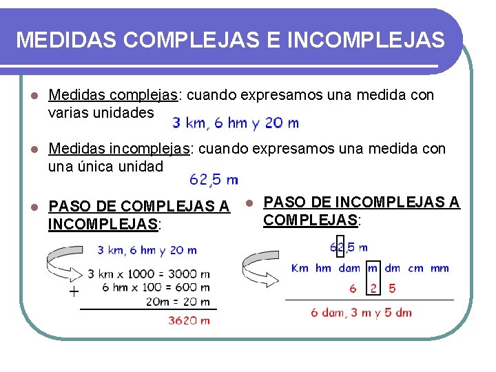 MEDIDAS COMPLEJAS E INCOMPLEJAS l Medidas complejas: cuando expresamos una medida con varias unidades