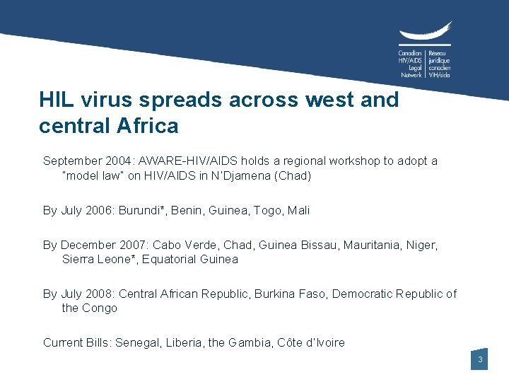 HIL virus spreads across west and central Africa September 2004: AWARE-HIV/AIDS holds a regional