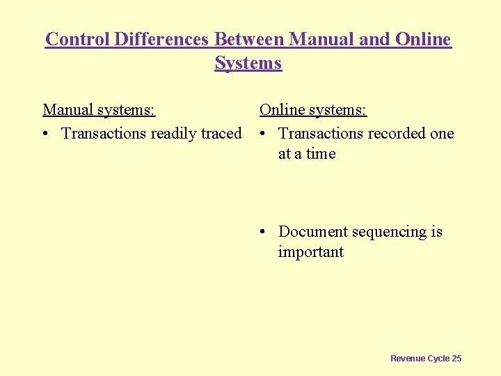 Control Differences Between Manual and Online Systems Manual systems: • Transactions readily traced Online