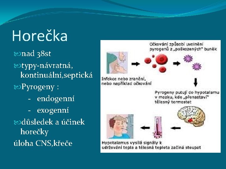 Horečka nad 38 st typy-návratná, kontinuální, septická Pyrogeny : - endogenní - exogenní důsledek