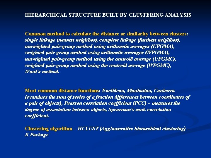 HIERARCHICAL STRUCTURE BUILT BY CLUSTERING ANALYSIS Common method to calculate the distance or similarity HIERARCHICAL STRUCTURE BUILT BY CLUSTERING ANALYSIS Common method to calculate the distance or similarity