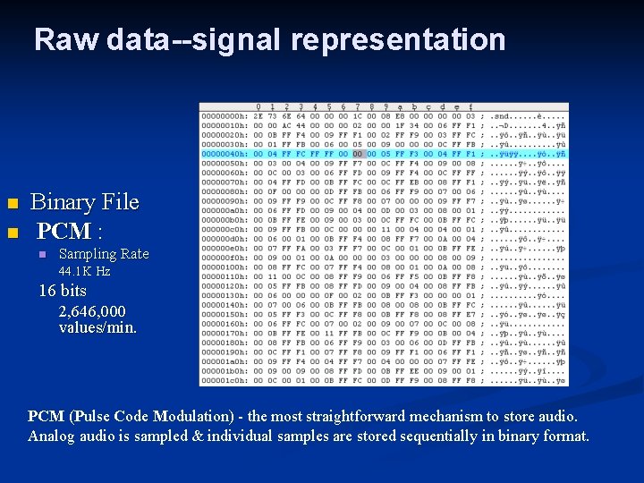 Raw data--signal representation n n Binary File PCM : n Sampling Rate 44. 1 Raw data--signal representation n n Binary File PCM : n Sampling Rate 44. 1