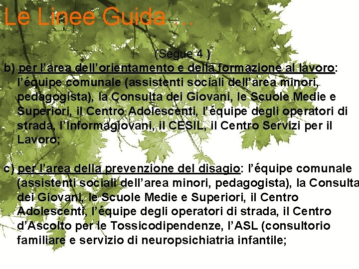 Le Linee Guida … (Segue 4 ) b) per l’area dell’orientamento e della formazione