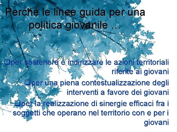 Perché le linee guida per una politica giovanile … qper sostenere e indirizzare le Perché le linee guida per una politica giovanile … qper sostenere e indirizzare le