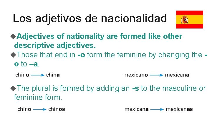 Los adjetivos de nacionalidad ◆Adjectives of nationality are formed like other descriptive adjectives. ◆Those