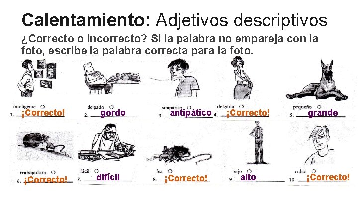 Calentamiento: Adjetivos descriptivos ¿Correcto o incorrecto? Si la palabra no empareja con la foto,