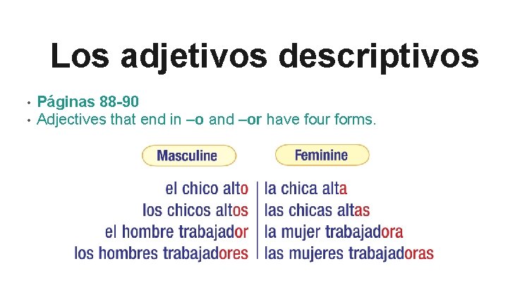 Los adjetivos descriptivos • Páginas 88 -90 • Adjectives that end in –o and