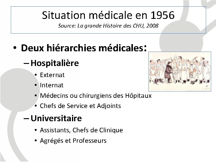 Situation médicale en 1956 Source: La grande Histoire des CHU, 2008 • Deux hiérarchies