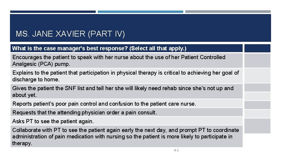 MS. JANE XAVIER (PART IV) What is the case manager’s best response? (Select all