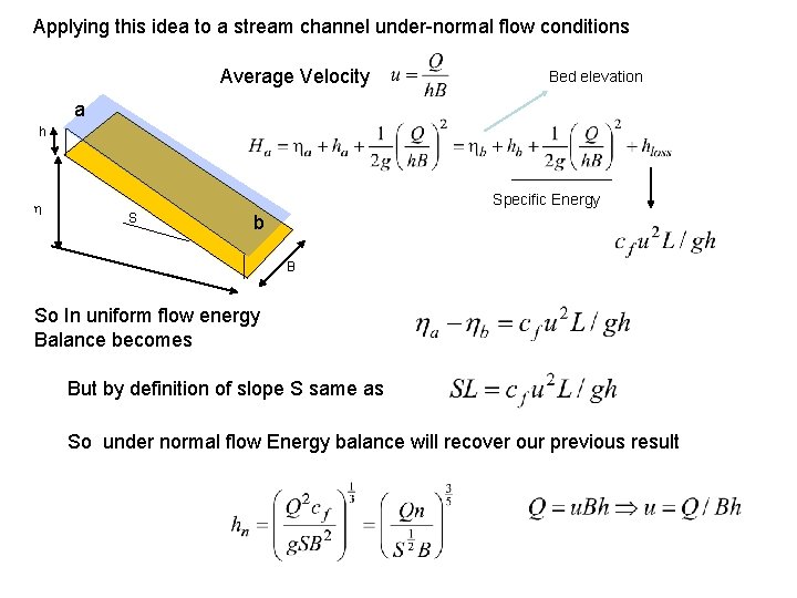 Applying this idea to a stream channel under-normal flow conditions Average Velocity Bed elevation Applying this idea to a stream channel under-normal flow conditions Average Velocity Bed elevation