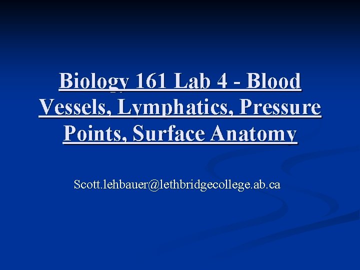 Biology 161 Lab 4 - Blood Vessels, Lymphatics, Pressure Points, Surface Anatomy Scott. lehbauer@lethbridgecollege.