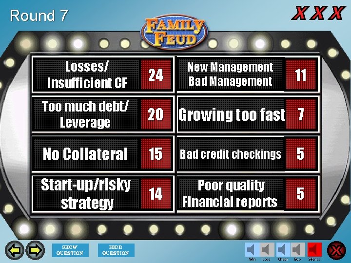 Round 7 Losses/ Insufficient CF 24 New Management Bad Management 11 Too much debt/