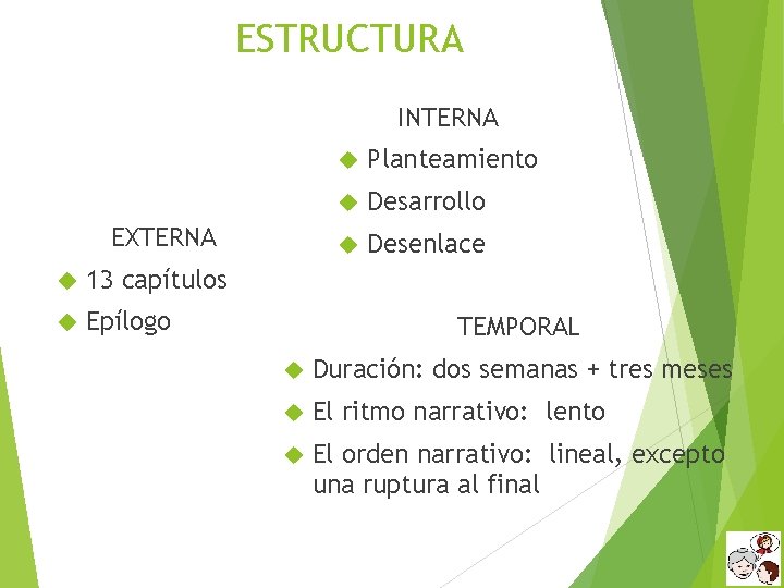 ESTRUCTURA INTERNA EXTERNA 13 capítulos Epílogo Planteamiento Desarrollo Desenlace TEMPORAL Duración: dos semanas +
