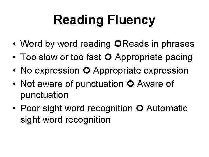 Reading Fluency • • Word by word reading Reads in phrases Too slow or