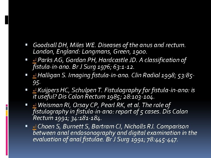  Goodsall DH, Miles WE. Diseases of the anus and rectum. London, England: Longmans,