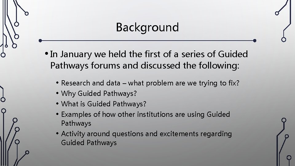 Background • In January we held the first of a series of Guided Pathways