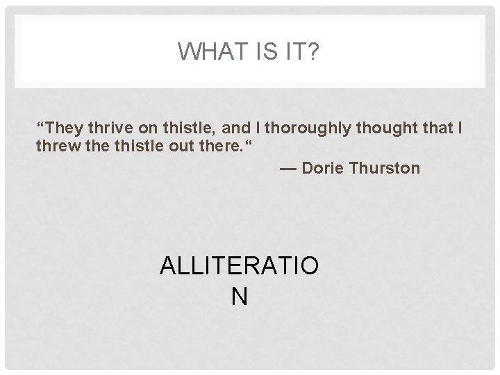 WHAT IS IT? “They thrive on thistle, and I thoroughly thought that I threw