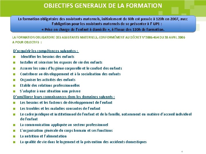 OBJECTIFS GENERAUX DE LA FORMATION La formation obligatoire des assistants maternels, initialement de 60 OBJECTIFS GENERAUX DE LA FORMATION La formation obligatoire des assistants maternels, initialement de 60