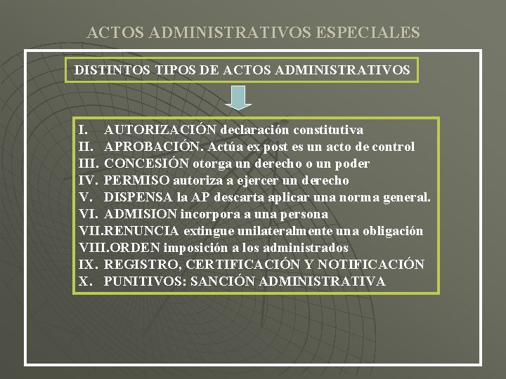 ACTOS ADMINISTRATIVOS ESPECIALES DISTINTOS TIPOS DE ACTOS ADMINISTRATIVOS I. AUTORIZACIÓN declaración constitutiva II. APROBACIÓN.