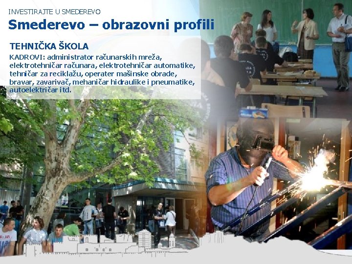 INVESTIRAJTE U SMEDEREVO Smederevo – obrazovni profili TEHNIČKA ŠKOLA KADROVI: administrator računarskih mreža, elektrotehničar