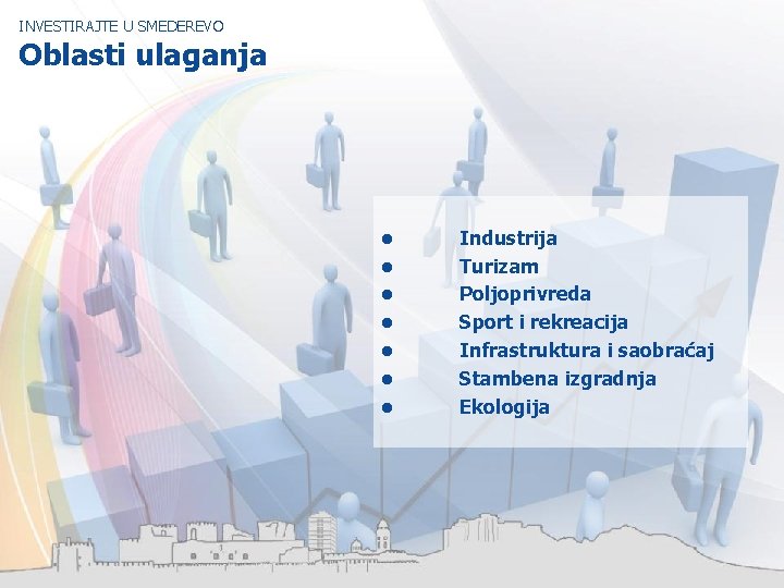 INVESTIRAJTE U SMEDEREVO Oblasti ulaganja • • Industrija Turizam Poljoprivreda Sport i rekreacija Infrastruktura