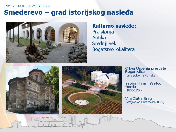 INVESTIRAJTE U SMEDEREVO Smederevo – grad istorijskog nasleđa Kulturno nasleđe: Praistorija Antika Srednji vek