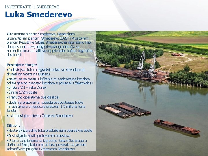 INVESTIRAJTE U SMEDEREVO Luka Smederevo • Prostornim planom Smedereva, Generalnim urbanističkim planom “Smederevo 2020”