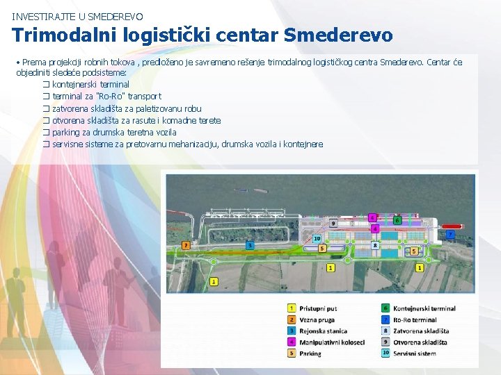 INVESTIRAJTE U SMEDEREVO Trimodalni logistički centar Smederevo • Prema projekciji robnih tokova , predloženo