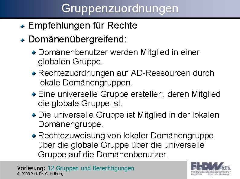 Gruppenzuordnungen Empfehlungen für Rechte Domänenübergreifend: Domänenbenutzer werden Mitglied in einer globalen Gruppe. Rechtezuordnungen auf