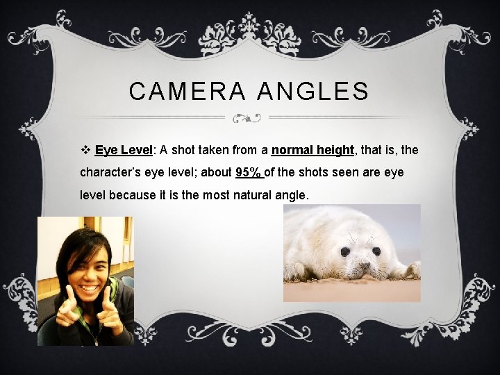 CAMERA ANGLES v Eye Level: A shot taken from a normal height, that is,