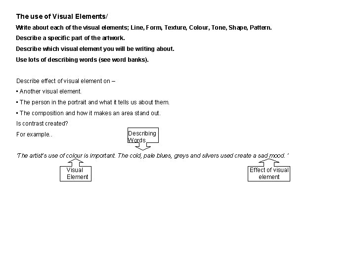 The use of Visual Elements/ Write about each of the visual elements; Line, Form,