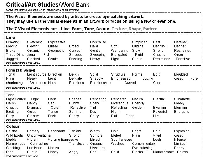 Critical/Art Studies/Word Bank Circle the works you use when responding to an artwork The