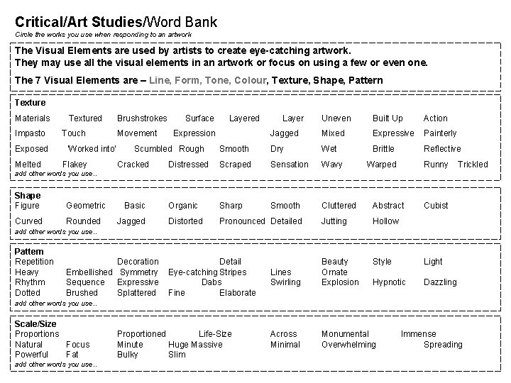 Critical/Art Studies/Word Bank Circle the works you use when responding to an artwork The