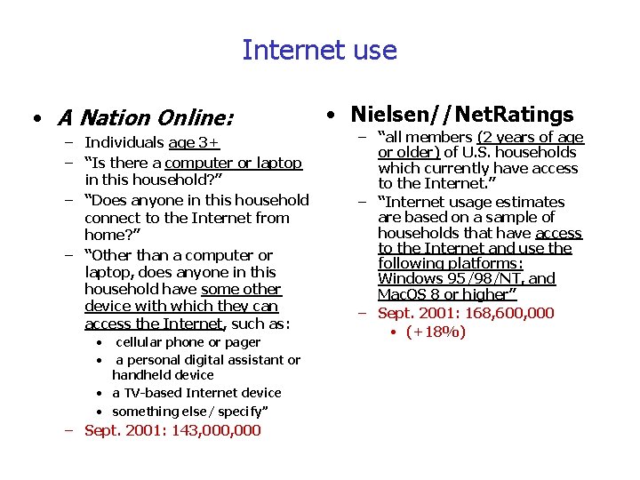 Internet use • A Nation Online: – Individuals age 3+ – “Is there a