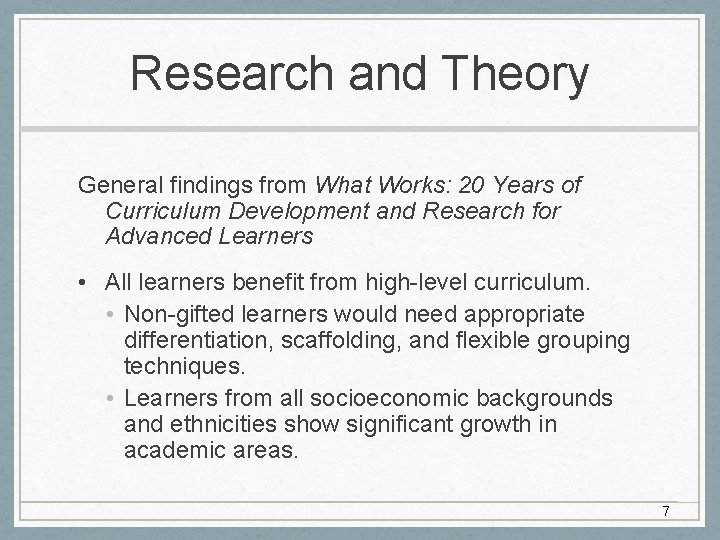 Research and Theory General findings from What Works: 20 Years of Curriculum Development and Research and Theory General findings from What Works: 20 Years of Curriculum Development and