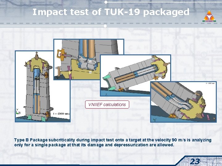 Impact test of TUK-19 packaged VNIIEF calculations Type B Package subcriticality during impact test