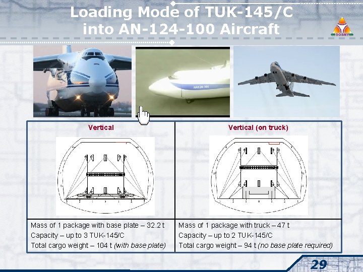 Loading Mode of TUK-145/C into AN-124 -100 Aircraft Vertical Mass of 1 package with