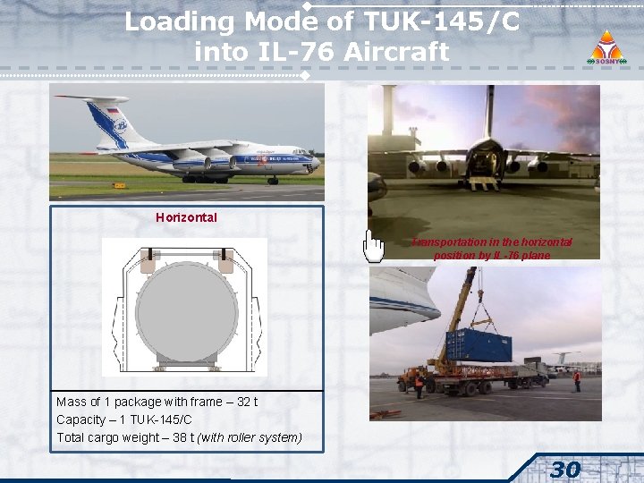 Loading Mode of TUK-145/C into IL-76 Aircraft Horizontal Transportation in the horizontal position by