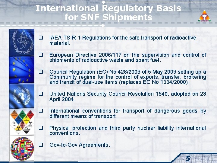 International Regulatory Basis for SNF Shipments q IAEA TS-R-1 Regulations for the safe transport