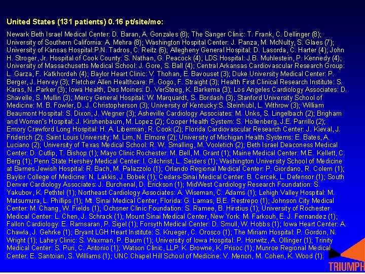 United States (131 patients) 0. 16 pt/site/mo: Newark Beth Israel Medical Center: D. Baran, United States (131 patients) 0. 16 pt/site/mo: Newark Beth Israel Medical Center: D. Baran,