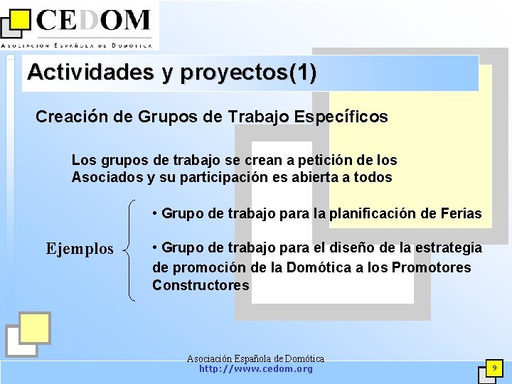 Actividades y proyectos(1) Creación de Grupos de Trabajo Específicos Los grupos de trabajo se