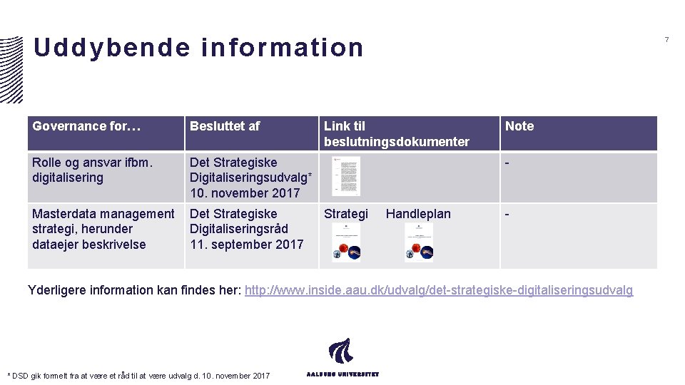 Uddybende information Governance for… Besluttet af Rolle og ansvar ifbm. digitalisering Det Strategiske Digitaliseringsudvalg*