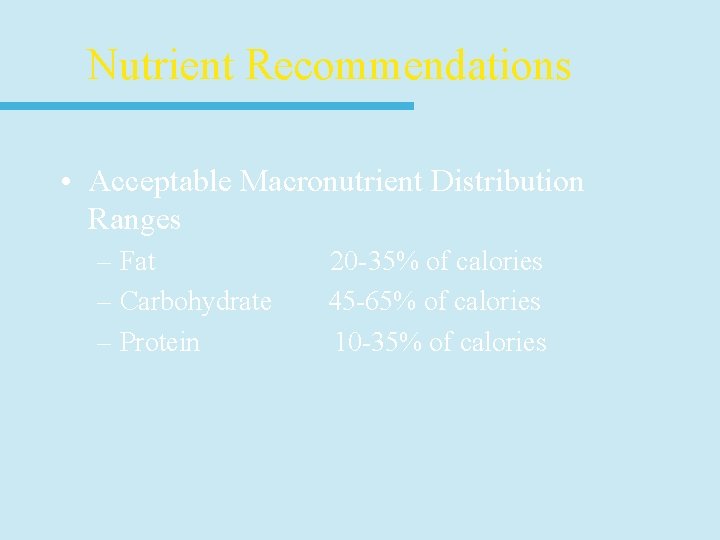 Nutrient Recommendations • Acceptable Macronutrient Distribution Ranges – Fat – Carbohydrate – Protein 20