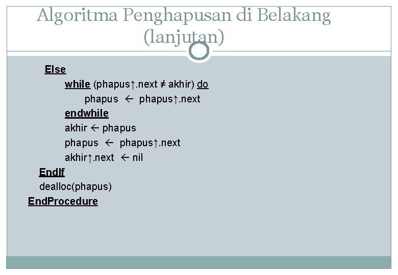 Algoritma Penghapusan di Belakang (lanjutan) Else while (phapus↑. next ≠ akhir) do phapus↑. next