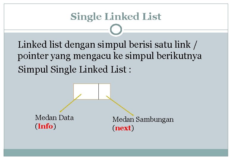 Single Linked List Linked list dengan simpul berisi satu link / pointer yang mengacu