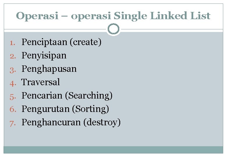 Operasi – operasi Single Linked List 1. Penciptaan (create) 2. Penyisipan 3. Penghapusan 4.