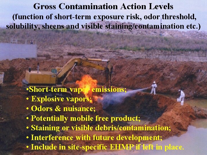 Gross Contamination Action Levels (function of short-term exposure risk, odor threshold, solubility, sheens and